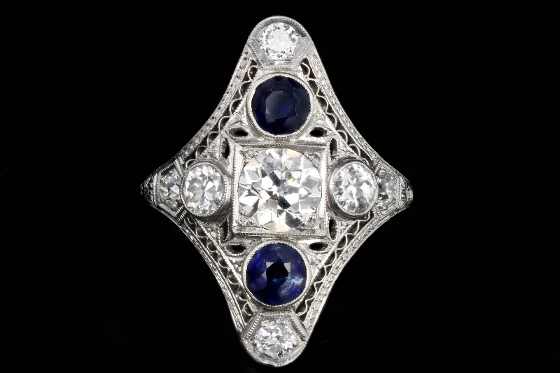 Art Deco Platinum .90 Carat Old European Diamond & Synthetic Sapphire Shield Ring