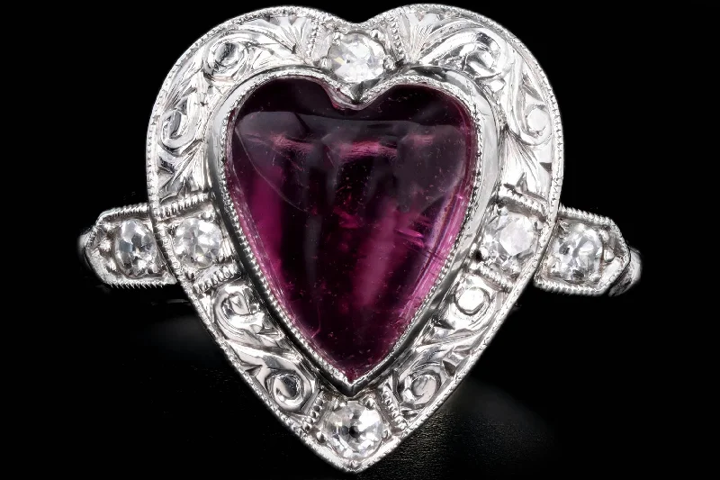 Art Deco Platinum Heart Cabochon Cut Pink Tourmaline & Diamond Ring