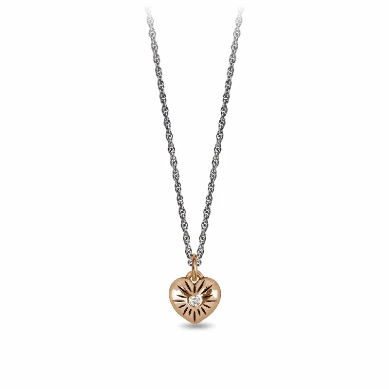 Small Puffed Bronze Heart Diamond Set Talisman Necklace