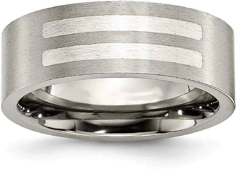 Brushed Titanium, Sterling Silver Inlay 8mm Flat Comfort-Fit Band, Size 8