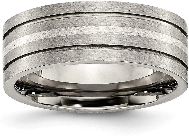 Brushed Titanium, Sterling Silver Inlay 8mm Grooved Flat Comfort-Fit Band, Size 12