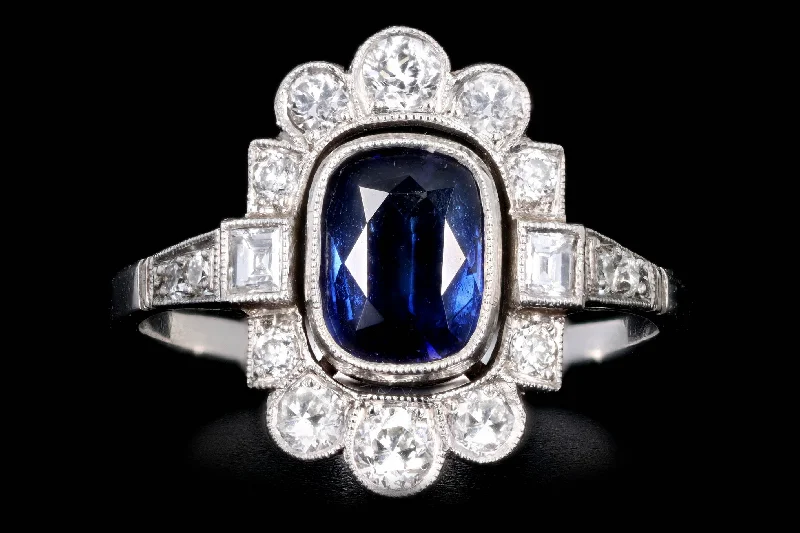 Art Deco Inspired Platinum 1.16 Carat Cushion Cut Natural Sapphire & Diamond Graduated Halo Ring