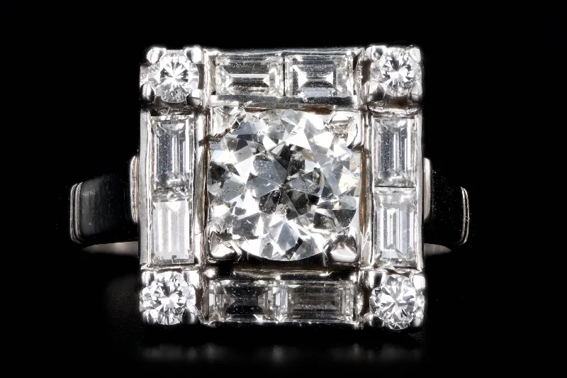 Art Deco Platinum 1 Carat Old European Cut Diamond Baguette Halo Ring