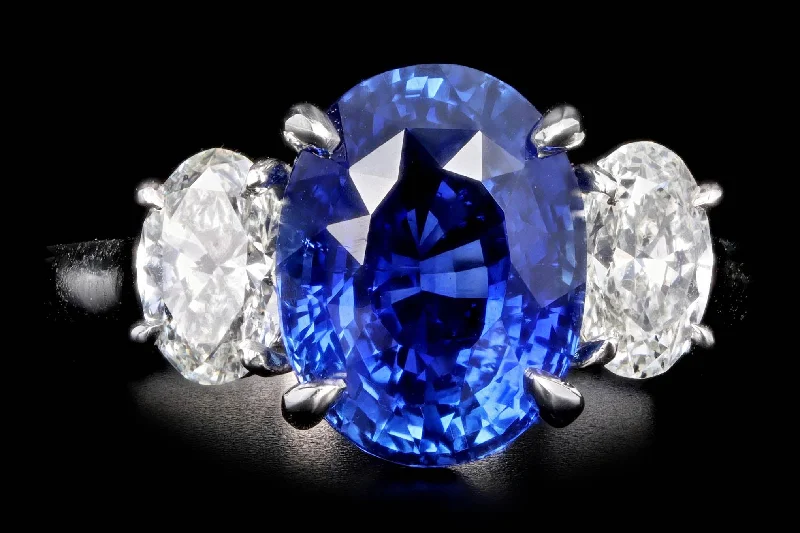 Handmade Platinum 5.04 Carat Oval Royal Blue Ceylon Natural Sapphire & Oval Diamond Three Stone Ring