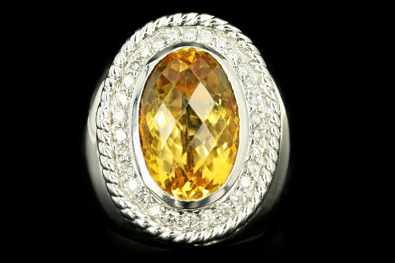 Modern 14K White Gold 8 Carat Oval Citrine & Diamond Ring