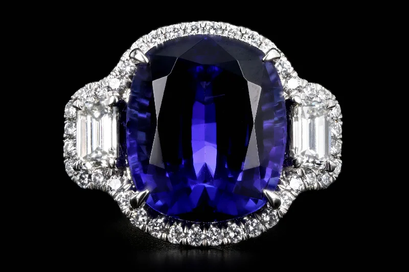 Platinum 13.6 Carat Cushion Tanzanite & Diamond Ring