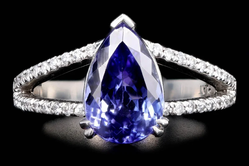 Platinum 3.0 Carat Pear Tanzanite & Diamond Split Shank Ring