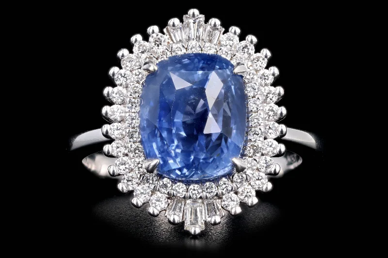 Platinum 5.12 Carat Cushion Cut Natural No Heat Sapphire & Diamond Baguette Fan Ring GIA Certified