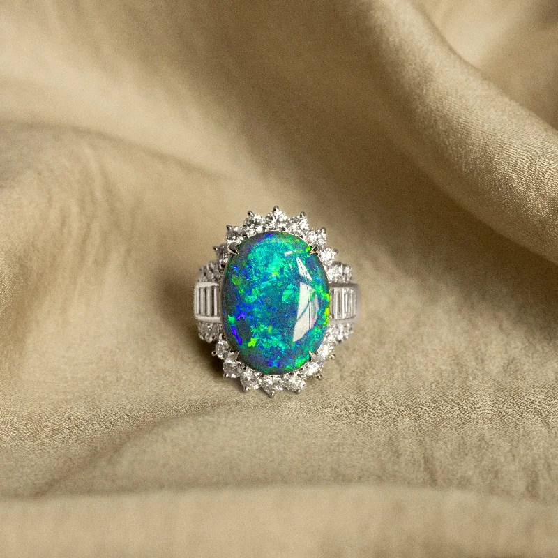 Platinum 7.55 Carat Black Opal Diamond Halo Ring