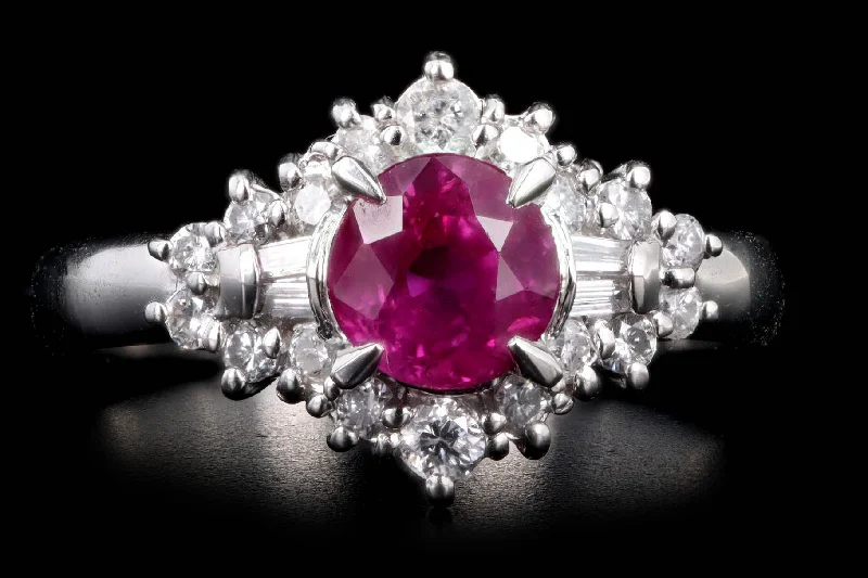 Retro Platinum 1.02 Carat Round Natural Ruby & Diamond Tapered Baguette Halo Ring