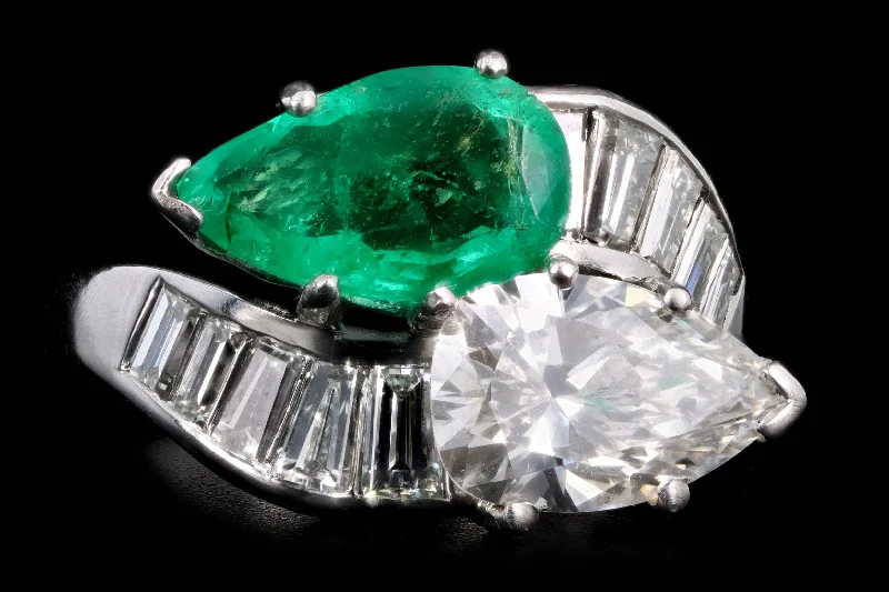 Retro Platinum 1.91 Carat Pear Diamond & 1.5 Carat Natural Emerald Toi Et Moi Ring GIA Certified