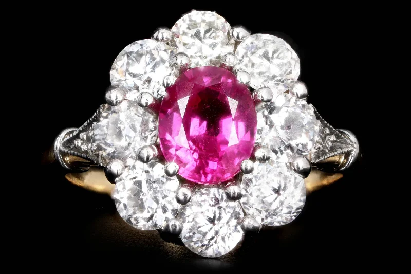 Victorian Inspired 18K Yellow Gold & Platinum 1.14 Carat Natural Burma Ruby & Old European Cut Diamond Ring GIA Certified