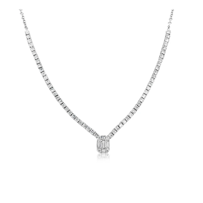 Diamond Half Tennis Necklace With Baguette Center