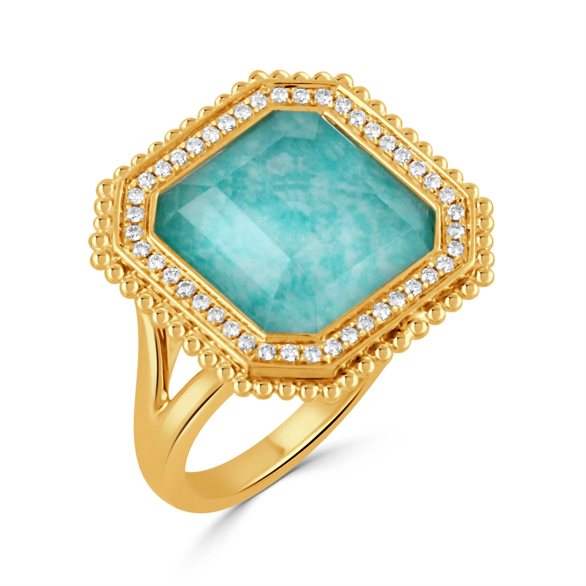 Doves 18K Yellow Gold Clear Quartz over Amazonite with Diamond Halo Ring