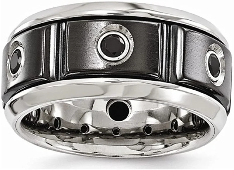 Edward Mirell Black Titanium Stainless Steel with Sterling Silver Bezel Black Spinel 11mm Band, Size 13