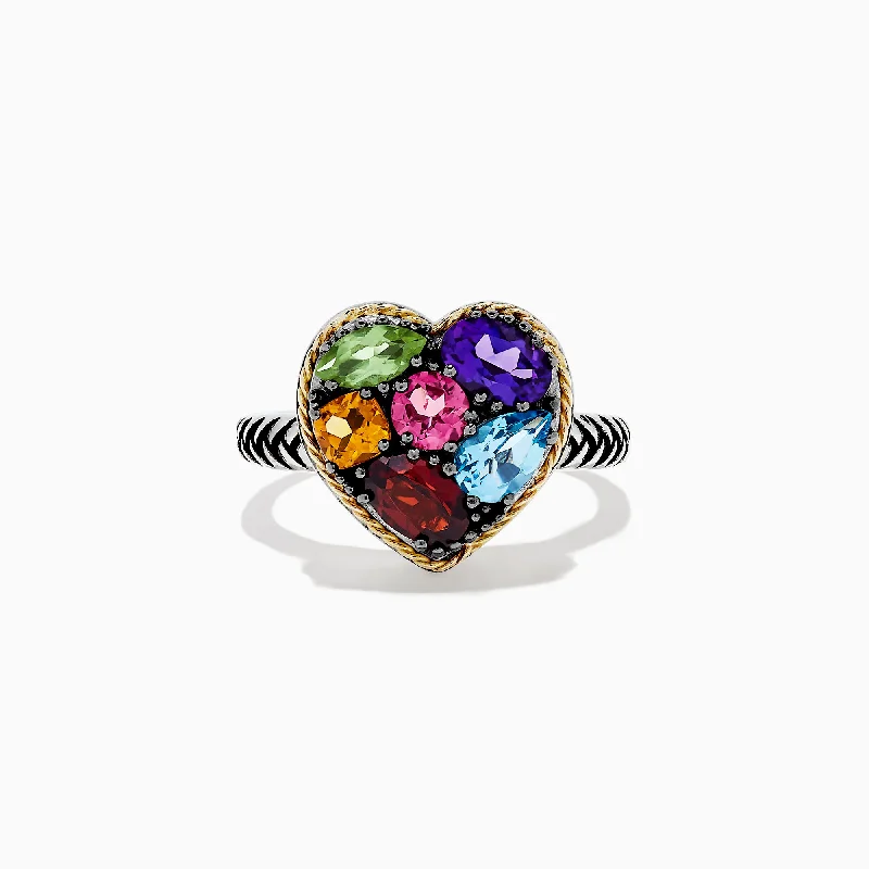 925 Sterling Silver & 18K Gold Multi Gemstone Heart Ring, 2.19 TCW