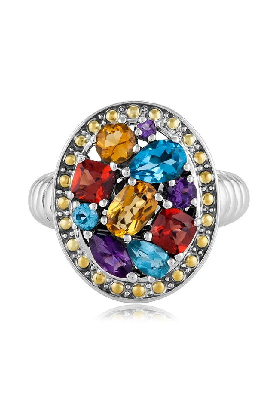 925 Sterling Silver & 18K Yellow Gold Multi Gemstone Ring, 2.40 TCW