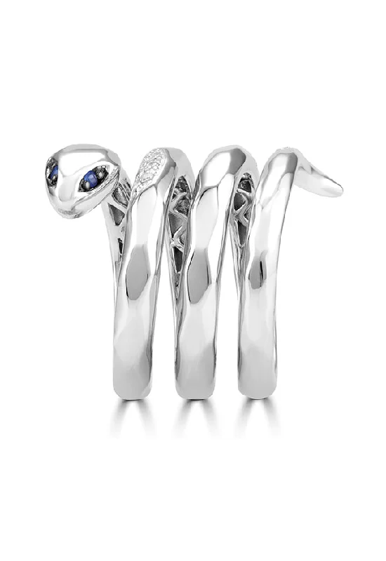 925 Sterling Silver Diamond and Sapphire Snake Ring, 0.12 TCW