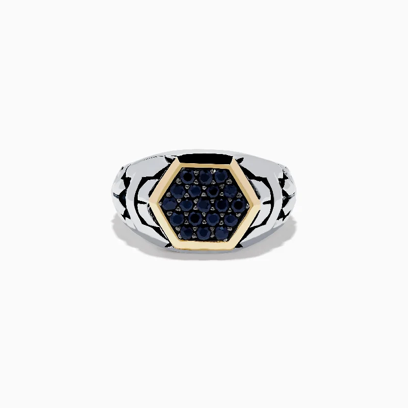 Men's Sterling Silver & 18K Yellow Gold Black Sapphire Ring, 0.85 TCW