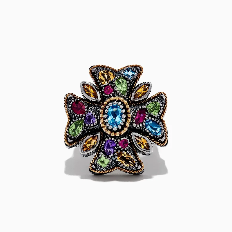 Sterling Silver and 18K Gold Multi Gemstone Cross Ring, 3.63 TCW