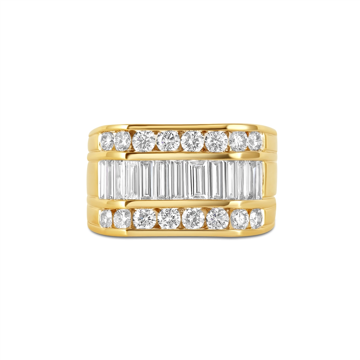 Gents 14K Yellow Gold Baguette and Round Diamond Ring