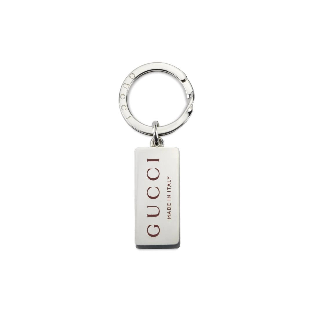 Gucci Sterling Silver Trademark Engraved Keyring with Red Enamel