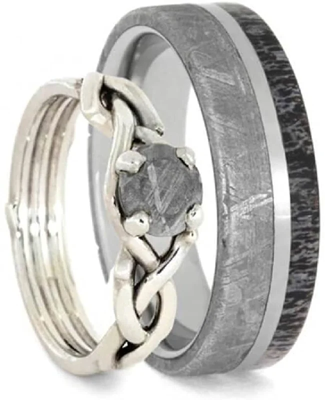 His and Hers Antler, Gibeon Meteorite Titanium Band and Sterling Silver Gibeon Meteorite Infinity RingSizes M15.5-F9.5