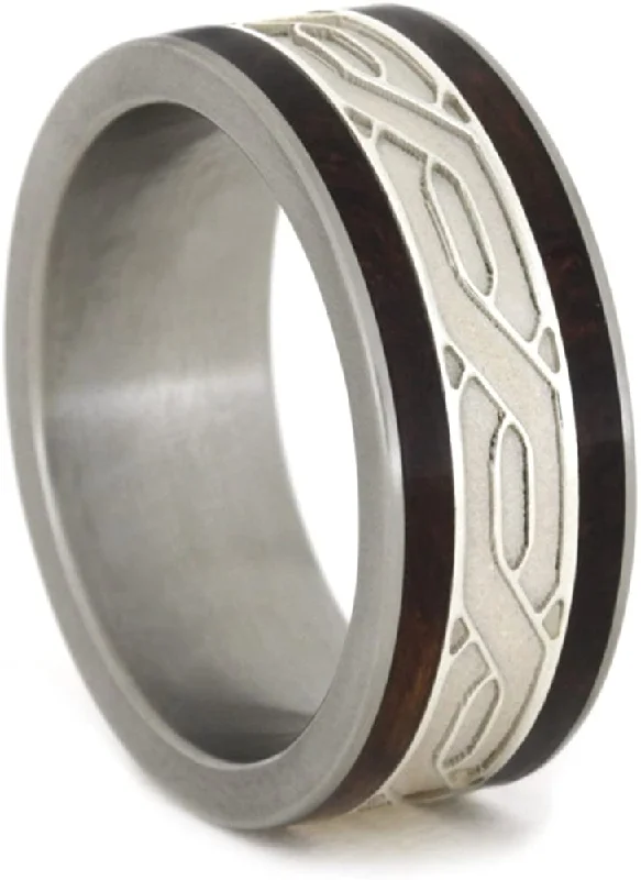 Honduran Rosewood Burl, Silver Celtic Knot 8mm Comfort-Fit Matte Titanium Band, Size 9.75