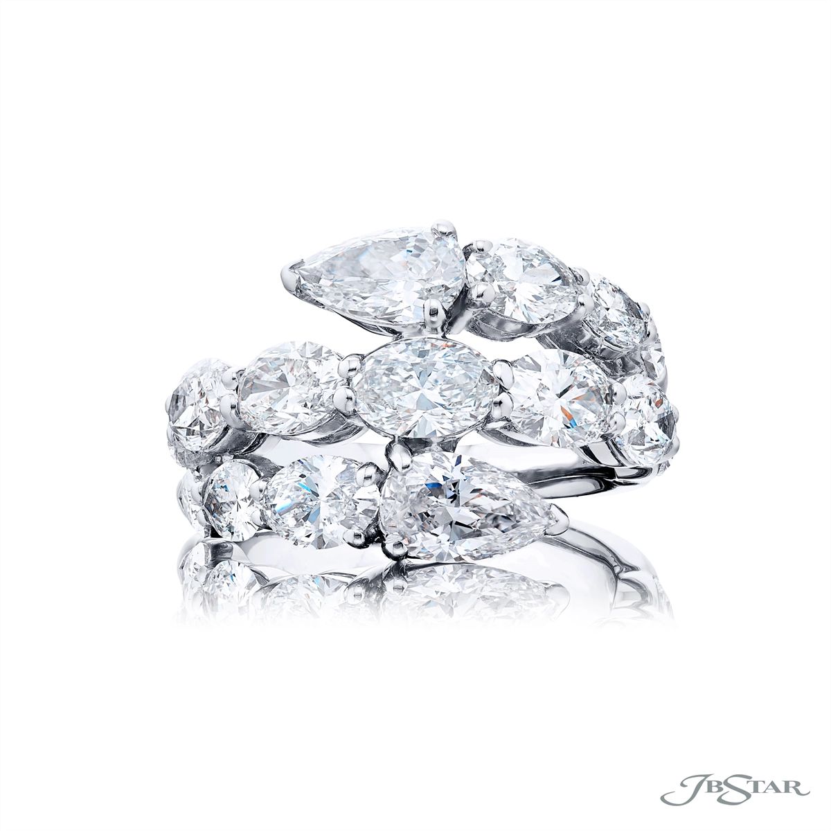 JB Star Platinum Diamond Bypass Ring with Oval and Pear Cut Diamonds