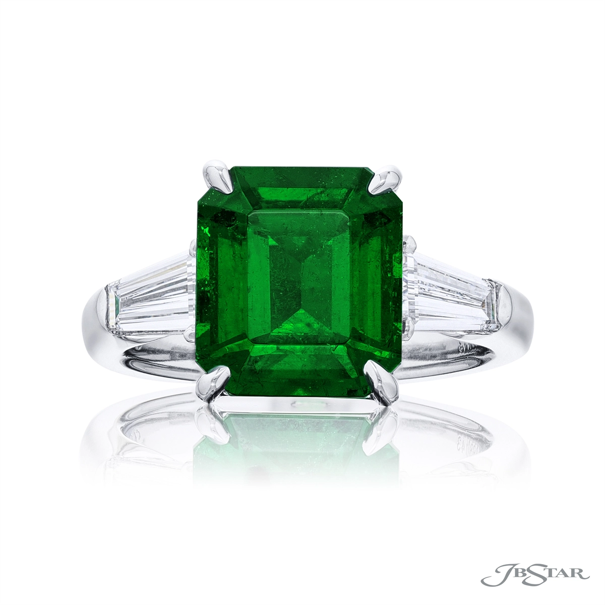 JB Star Platinum Emerald and Diamond 3-Stone Ring