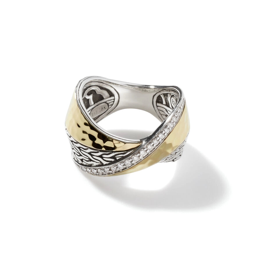 John Hardy Classic Chain Silver and 18K Gold Twisted Hammer Diamond Pave Ring