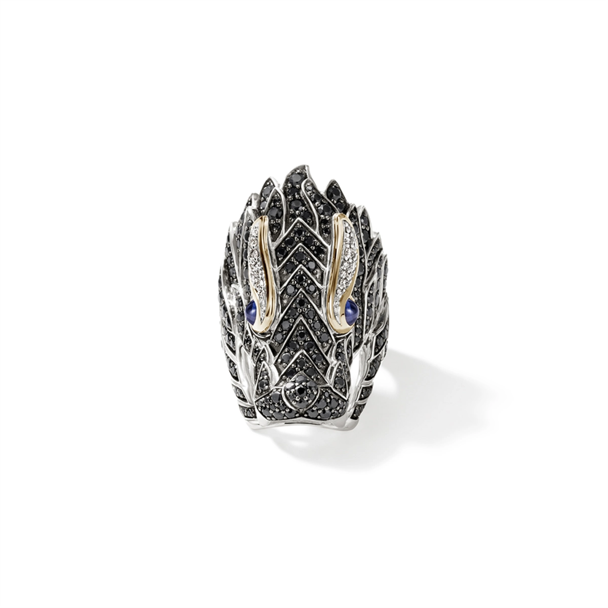 John Hardy Legends Naga Silver and 18K Gold Diamond Pave Dragons Head Ring with Blue Sapphire Eyes