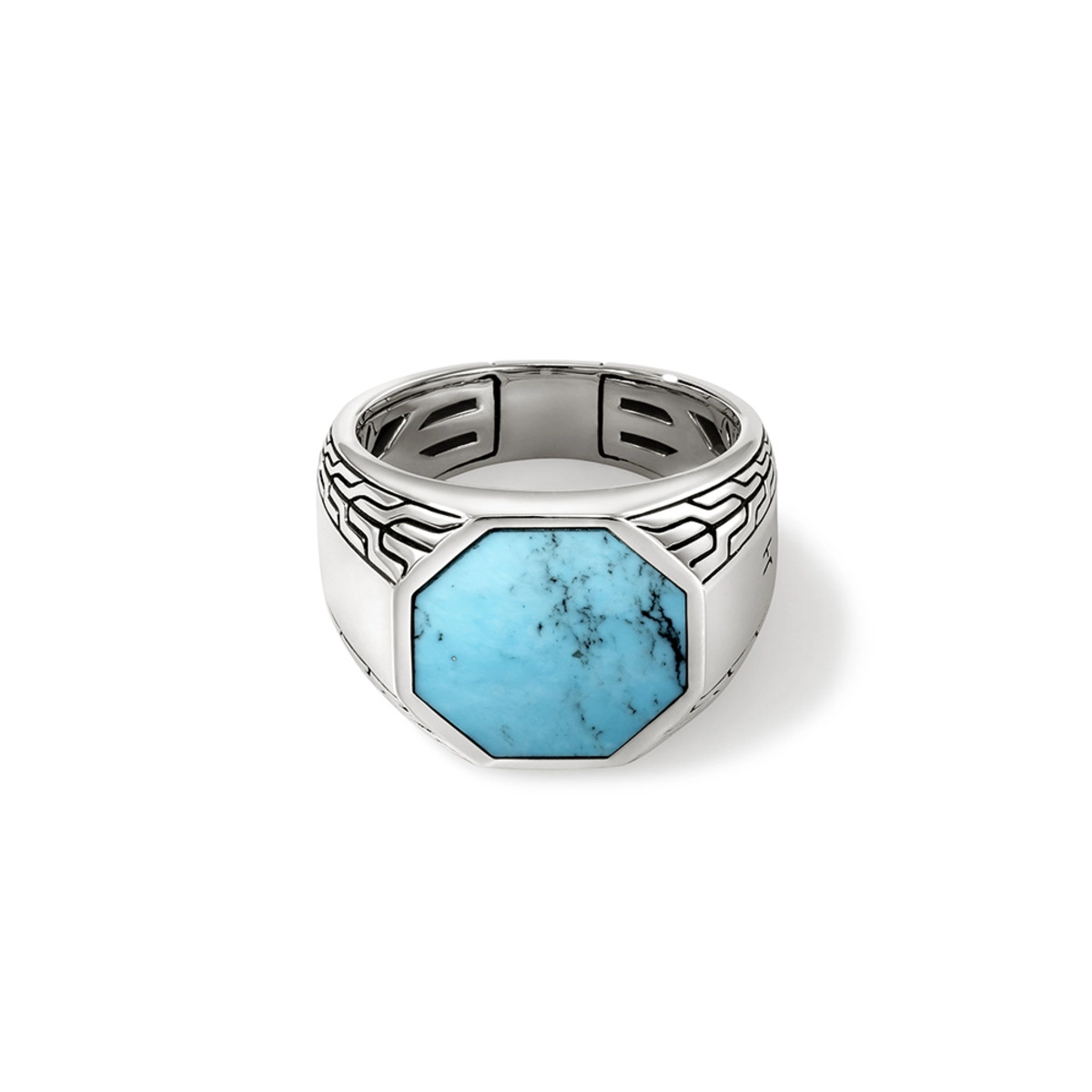 John Hardy Mens ID Silver Octagon Signet Ring with Treated Turquoise