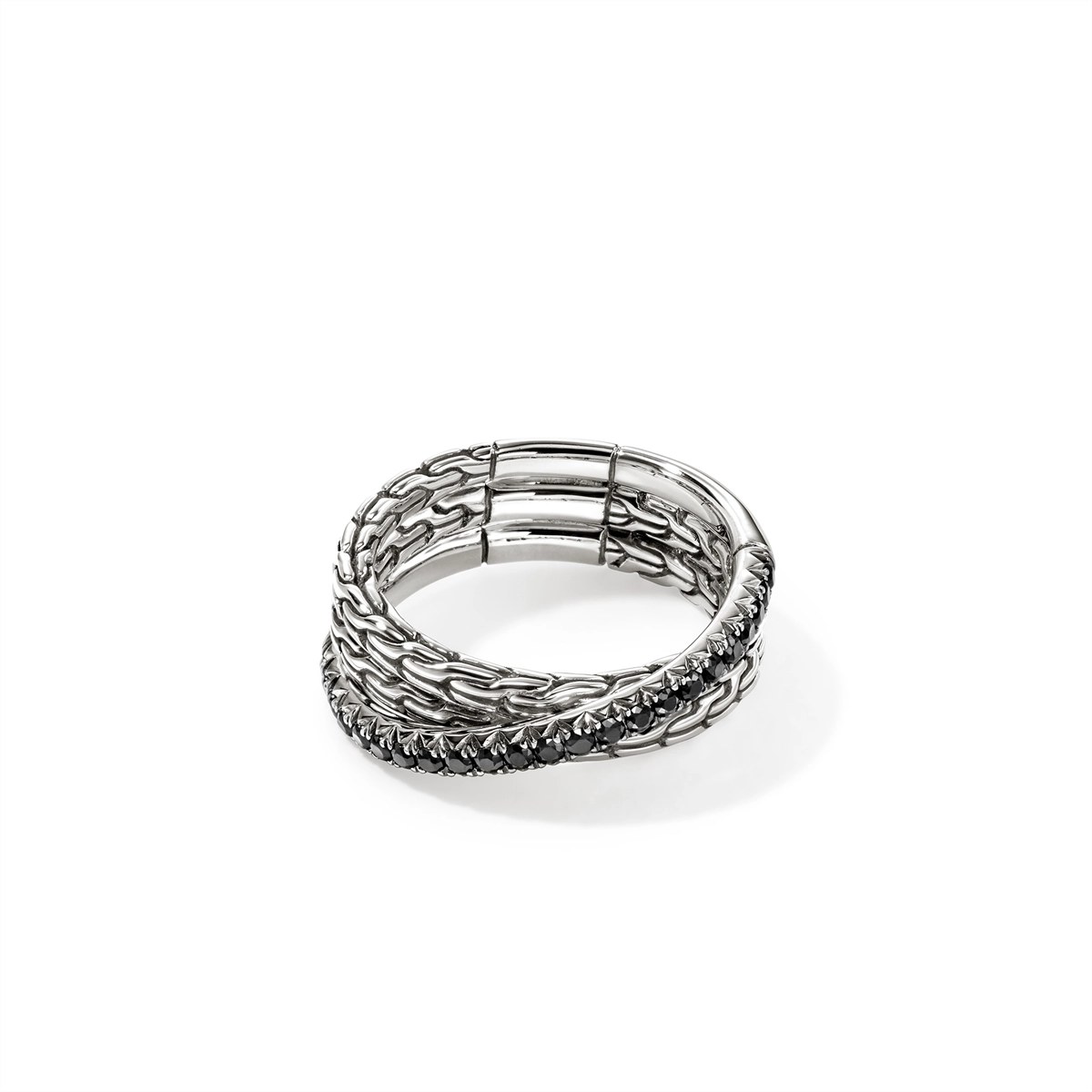 John Hardy Silver Pave Crossover Ring with Black Sapphire