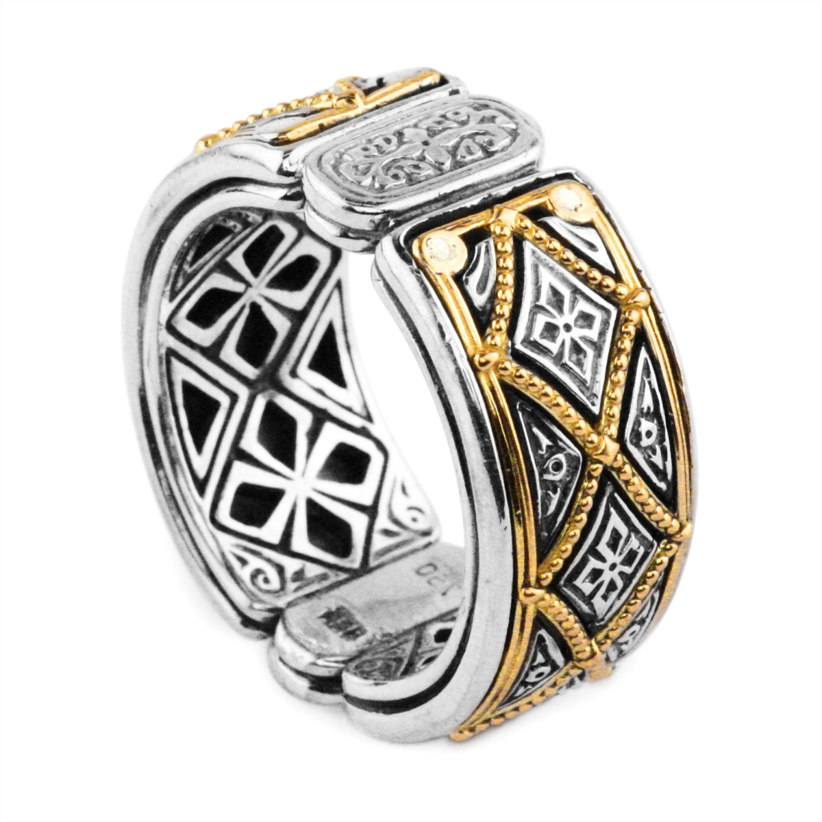 Konstantino Mens Zeus Silver and 18K Gold Etched Band Ring