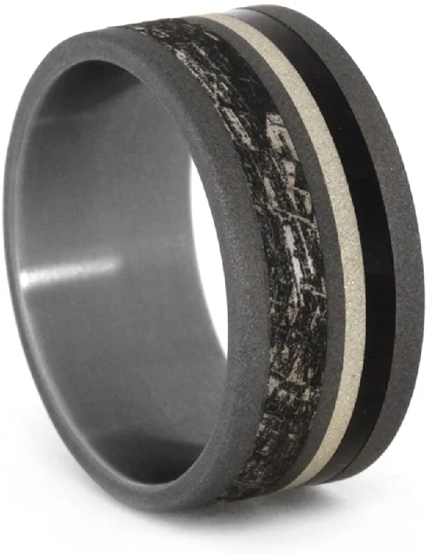 Mimetic Meteorite, African Blackwood, Sterling Silver Stripe 9mm Comfort-Fit Sandblasted Titanium Band, Size 15