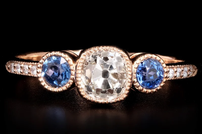 New 18K Rose Gold .81 Carat Old Mine Diamond & Yogo Gulch Sapphire Ring