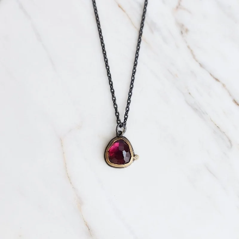 22k Bezel Set Rose Cut Rhodolite Garnet Necklace with Diamond