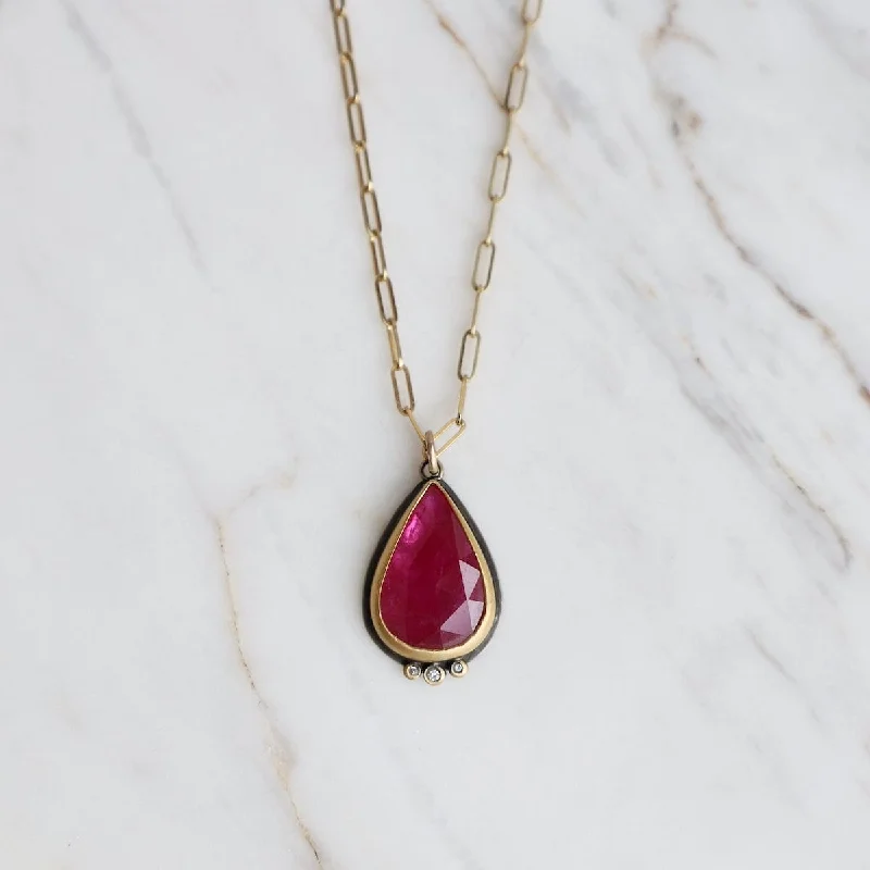 22k Bezel set Rosecut Teardrop Ruby Necklace with 3 Diamonds