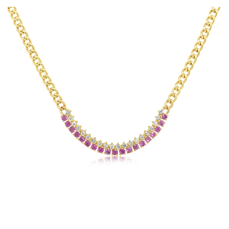 Diamond and Pink Sapphire Necklace On Cuban Chain