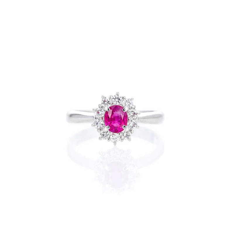 Platinum 0.67 Carat Oval Ruby Diamond Halo Ring