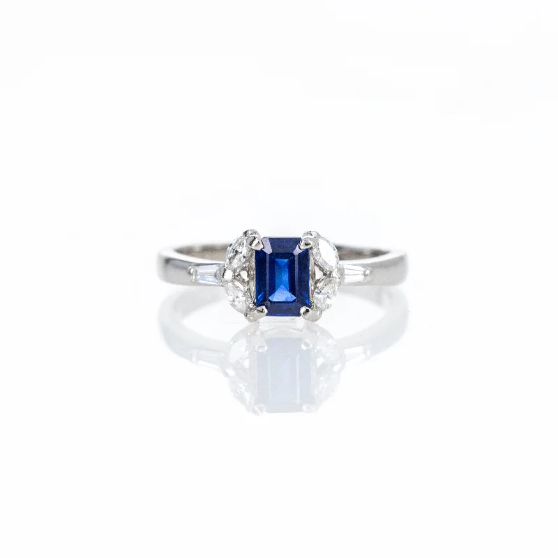 Platinum 0.76 Carat Emerald Cut Sapphire Diamond Ring