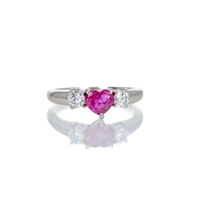 Platinum 0.78 Carat Heart Ruby Diamond Three Stone Ring