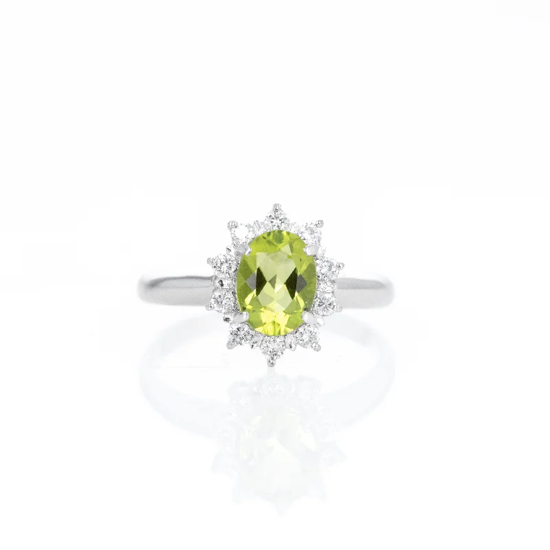 Platinum 1.32 Carat Peridot Diamond Halo Ring