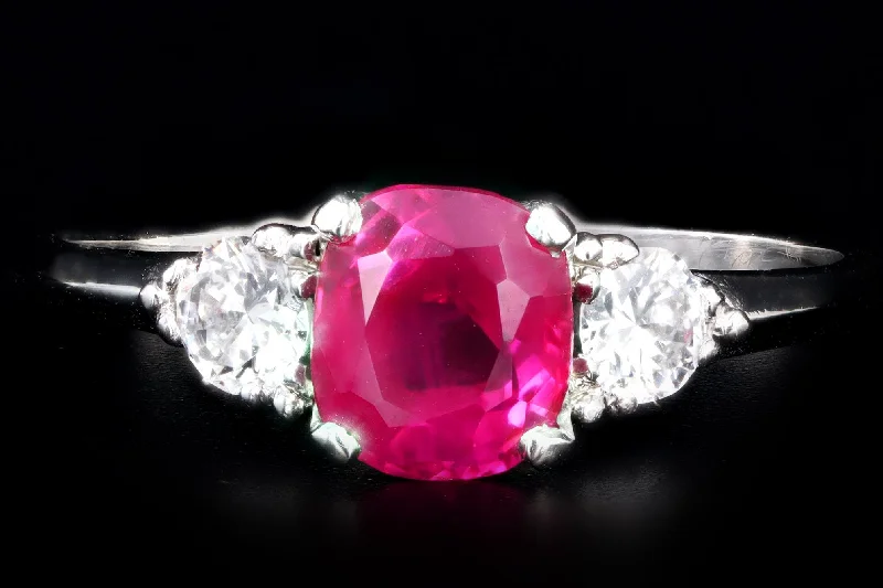 Platinum 1.45 Carat Cushion Cut Natural No Heat Burma Ruby Ring AGL Certified