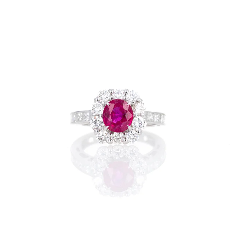 Platinum 1.95 Carat Oval Burma Ruby Diamond Halo Ring