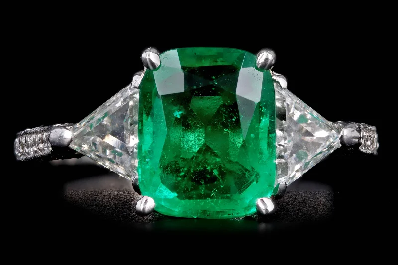 Platinum 1.99 Carat Natural Emerald & Trillion Cut Diamond Ring