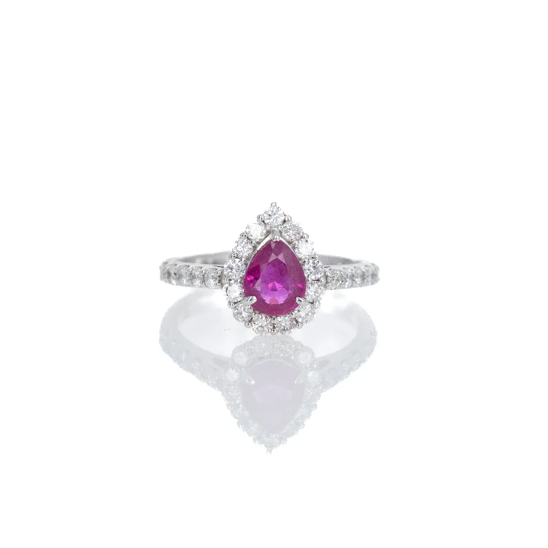 Platinum 1 Carat Pear Burma Ruby Diamond Halo Ring