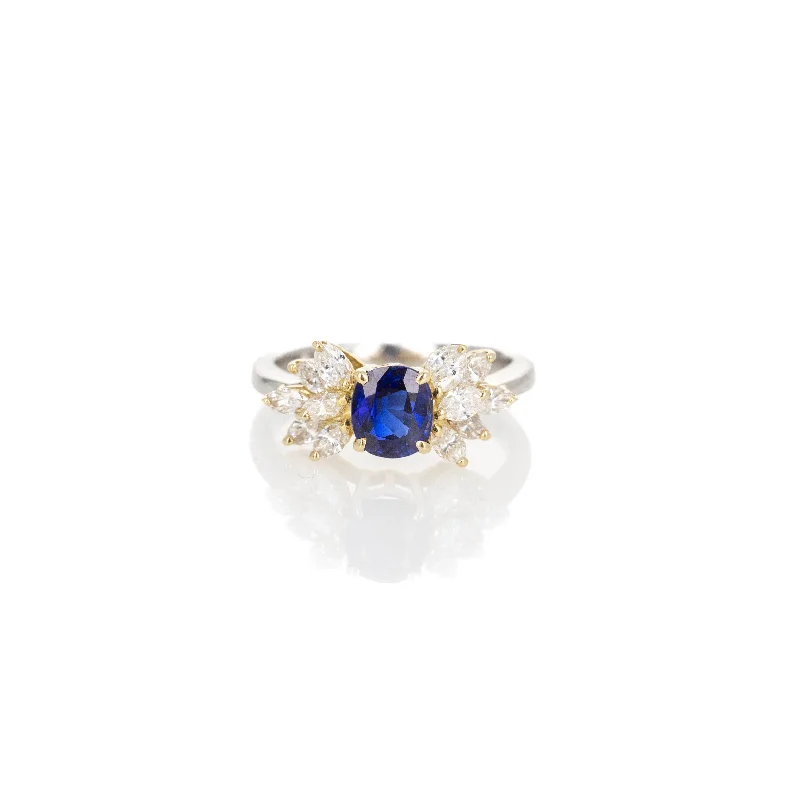 Platinum 18K Yellow Gold 1.07 Carat Cushion Sapphire Diamond Marquise Ring