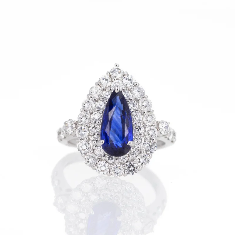 Platinum 2.01 Carat Pear Ceylon ''Royal Blue'' Sapphire Diamond Halo Ring